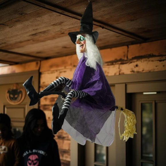 36" Animated Kicking Witch on Broomstick – Halloween Decoration with Batteries Included