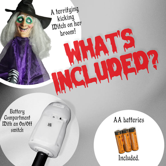 36" Animated Kicking Witch on Broomstick – Halloween Decoration with Batteries Included