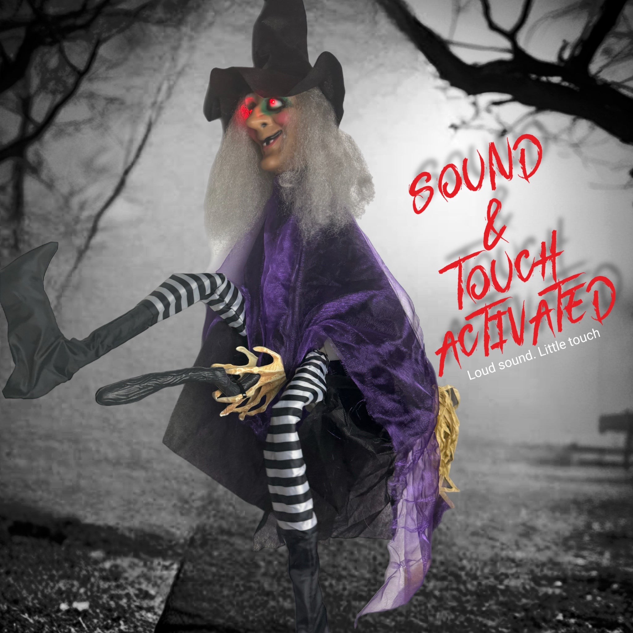 36" Animated Kicking Witch on Broomstick – Halloween Decoration with Batteries Included