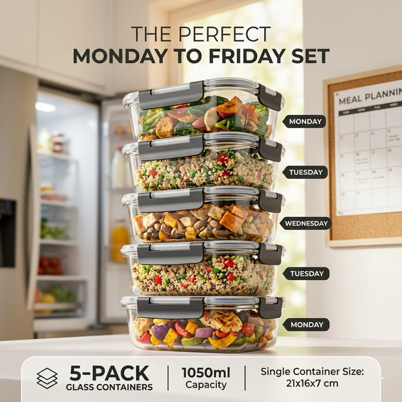 5-Piece Glass Food Storage Container Set with Airtight Lids – 1050ml