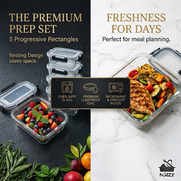 5-Piece Glass Food Storage Container Set with Airtight Lids – 1050ml