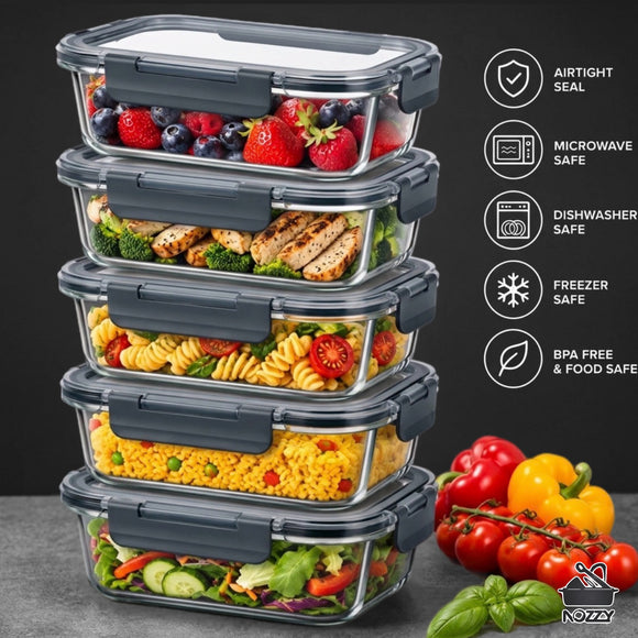 5-Piece Glass Food Storage Container Set with Airtight Lids – 1050ml