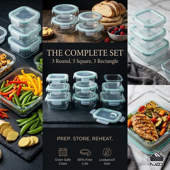 9-Piece Glass Food Storage Container Set with Airtight Lids – Various Sizes