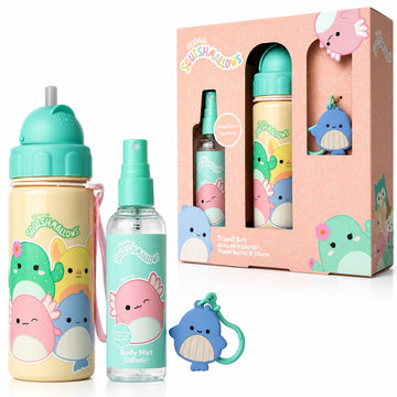 Official Squishmallows kids travel gift set with strawberry body mist water bottle and charm