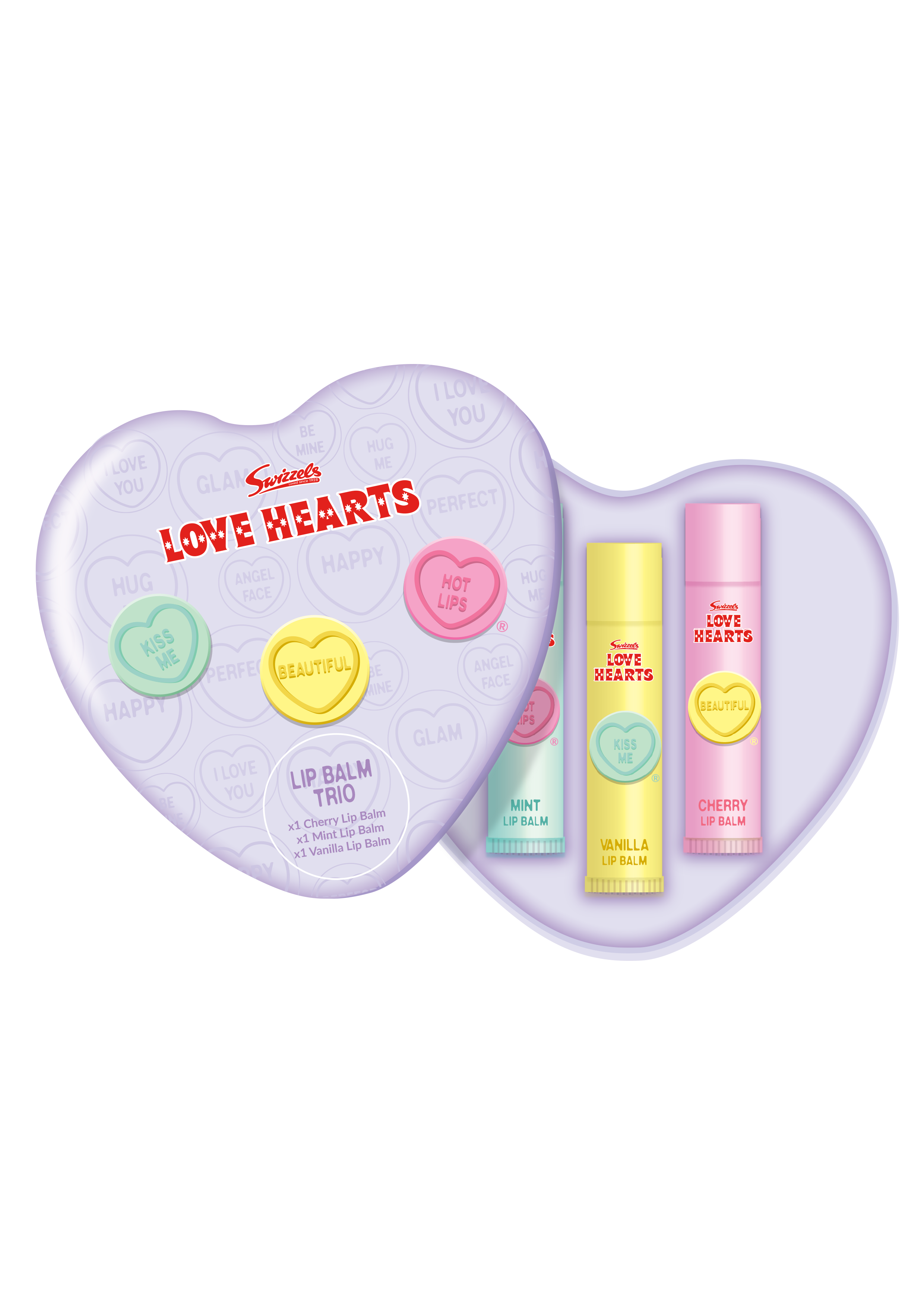 LOVE HEARTS 3 x LIP BALM TUBES - CHERRY, MINT & VANILLA