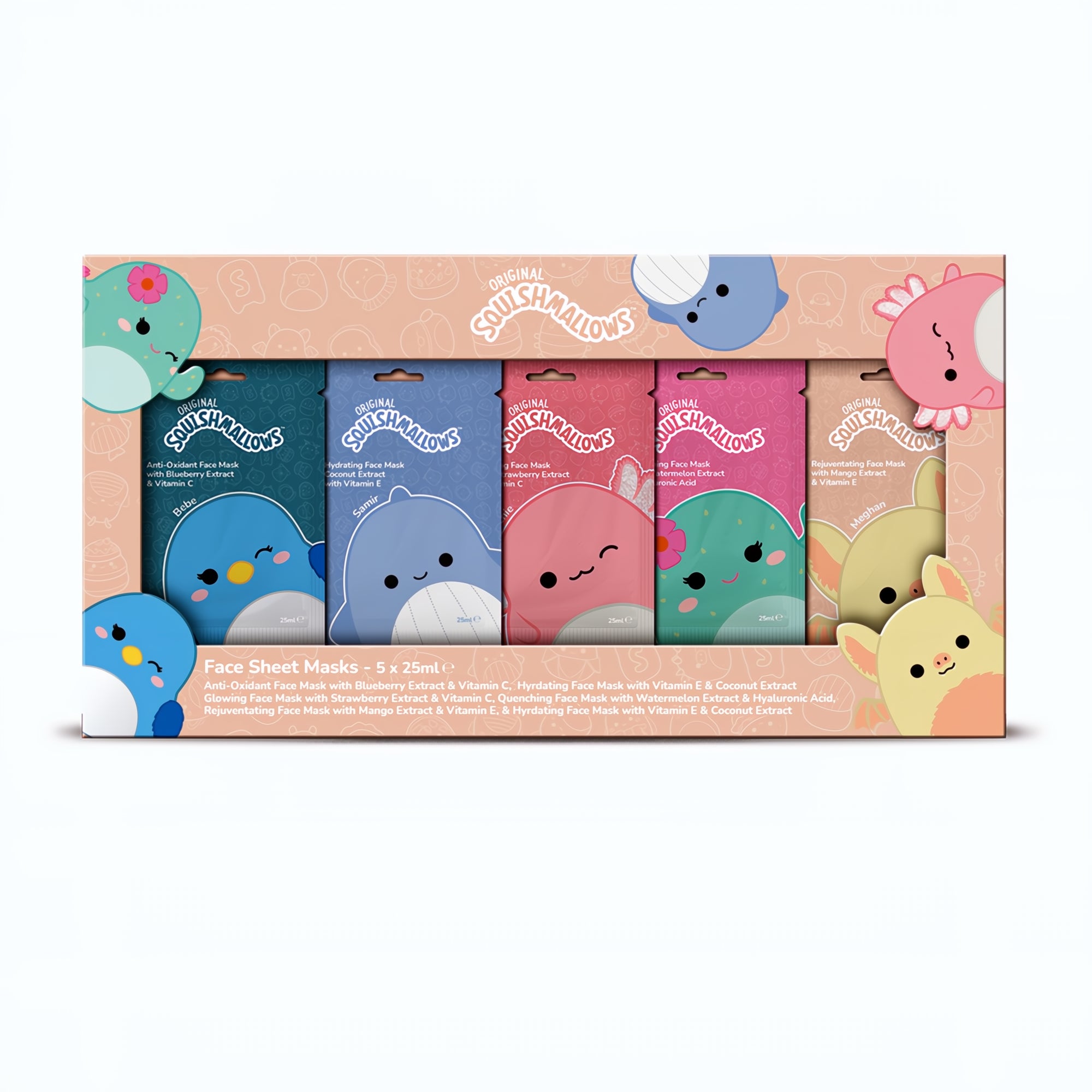 Squishmallows Face Sheet Mask Set – 5 Pack - Sleep Over Fun Gift