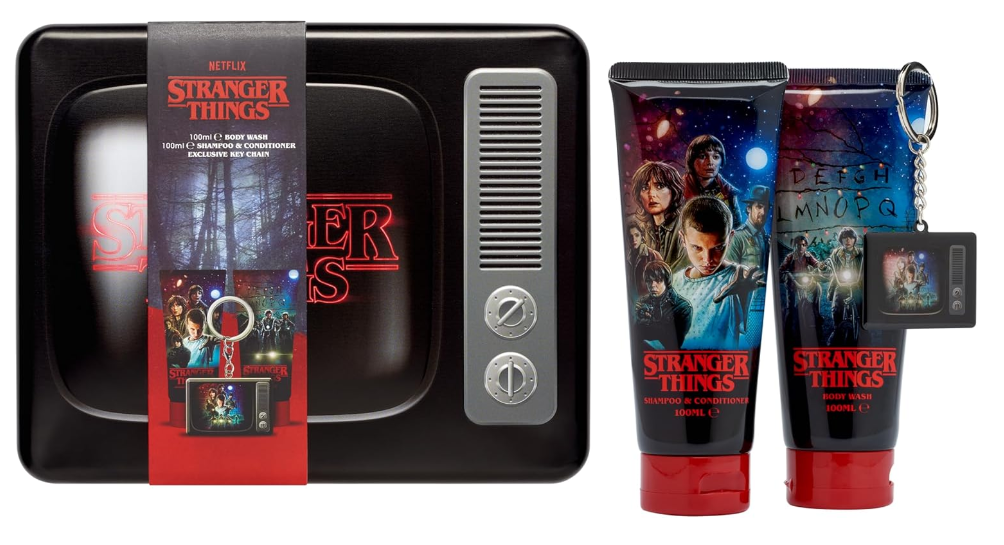 STRANGER THINGS 'STATIC TV' TIN SET 100ML BODY WASH, 100ML SHAMPOO & CONDITIONER