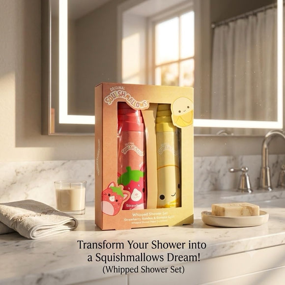 Squishmallows Whipped Shower Foam Gift Set 2 x 250ml | Strawberry Sundae & Banana Split