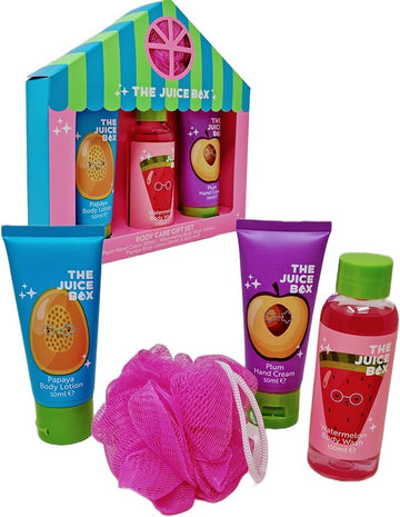 Valentines Juice Box Body Care Gift Set Papaya Lotion Plum Hand Cream Wash Puff - 0
