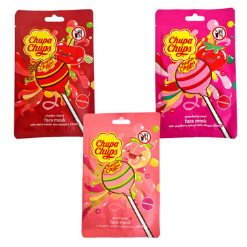 Chupa Chups Face Mask Set of 3  Peach Strawberry Cherry Moisturising Sheet Gift - 0