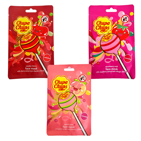 Chupa Chups Face Mask Set of 3  Peach Strawberry Cherry Moisturising Sheet Gift