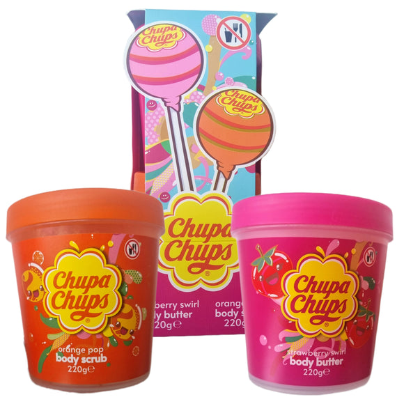 Chupa Chups Strawberry Swirl Body Butter & Orange Pop Body Scrub Set Candy Theme