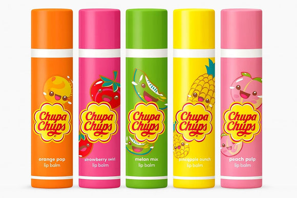 CHUPA CHUPS LIP BALMS - ORANGE, STRAWBERRY, MELON, PINEAPPLE, PEACH - GIFT SET