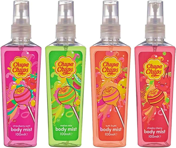 Chupa Chups Body Mist 4-Pack | Sweet Fruity Scents – Strawberry, Melon, Tutti Frutti & Cherry (100ml Each)