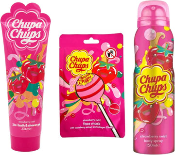 Valentines Chupa Chups Strawberry Swirl Beauty Set Face Mask Bath Gel Body Spray
