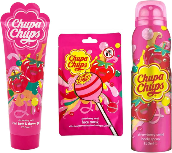 Valentines Chupa Chups Strawberry Swirl Beauty Set Face Mask Bath Gel Body Spray