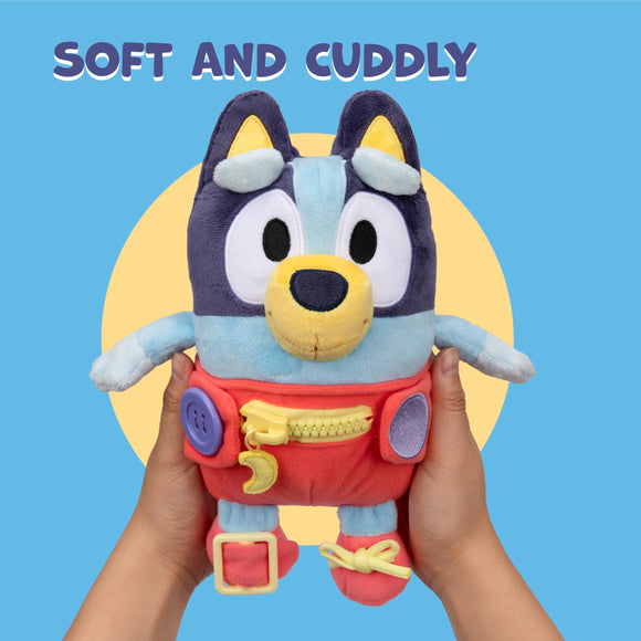 Dress & Play Baby Bluey Plush, Button, Zip, Buckle and Tie, Learn to Dress Dolls for Toddlers Ages 3+, Fine Motor Skills Buckle Toys