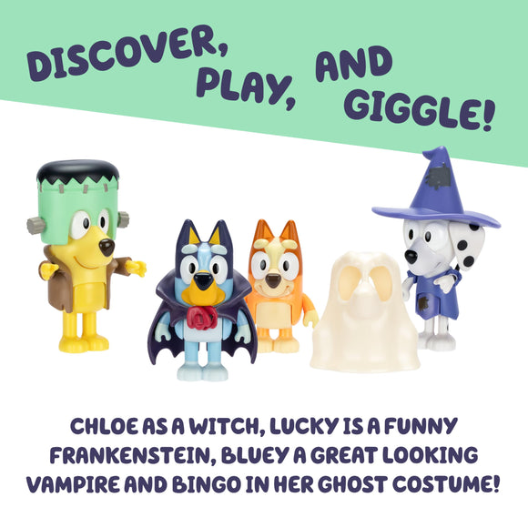 Bluey Halloween Figures Pack of 4, Robust Articulated Character Toys with Bingo, Chloe, and Lucky Figurines, Small Action Figures for Kids Ages 3+