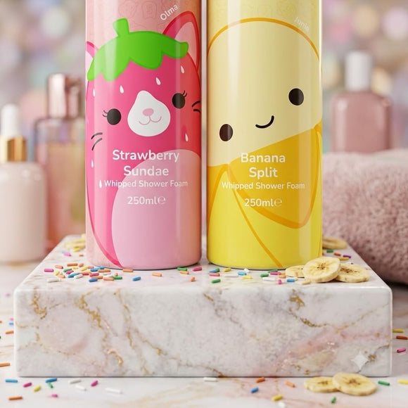Squishmallows Whipped Shower Foam Gift Set 2 x 250ml | Strawberry Sundae & Banana Split