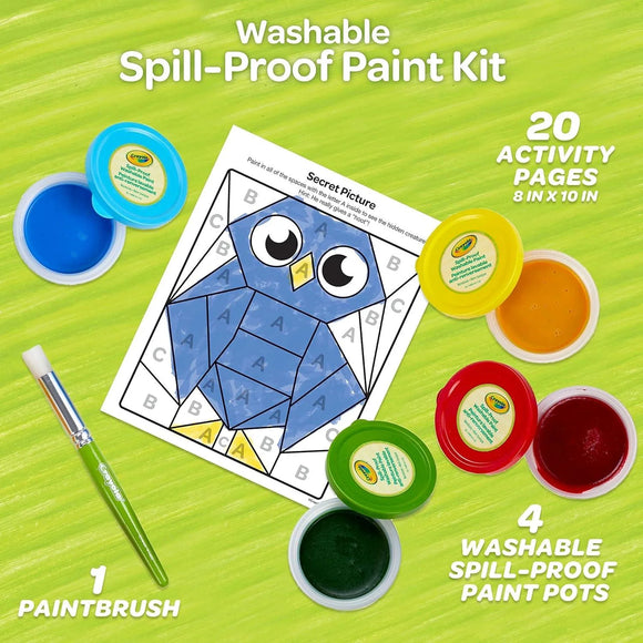 Crayola Spill-Proof Washable Paint Set for Kids 3+ | No-Drip Mess-Free Art Kit with Brush & 20 Activity Pages