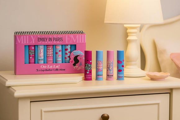 EMILY IN PARIS LIP BALMS- RASPBERRY, VANILLA, MATCHA, VANILLA, MINT - BOXED