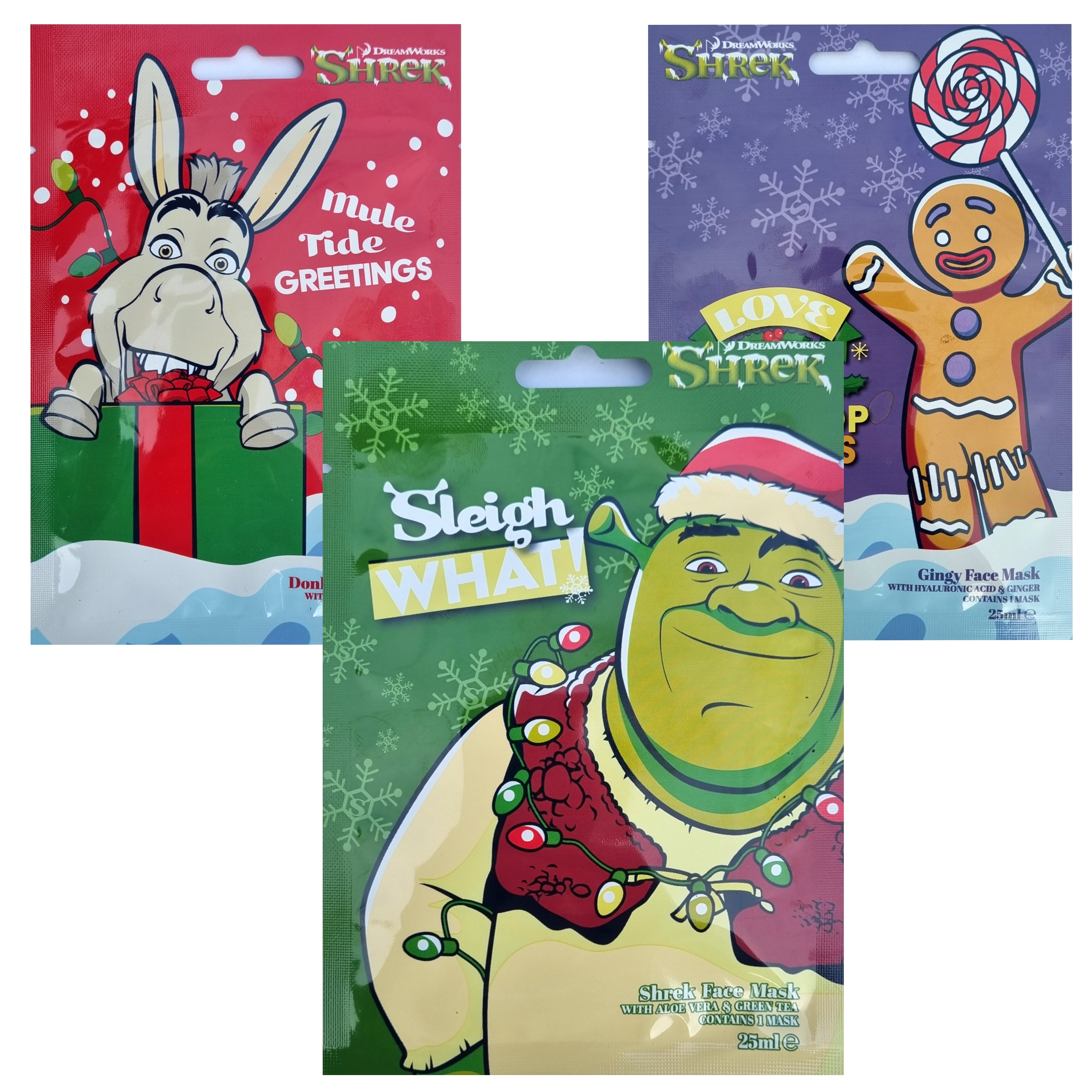 Shrek Fun Face Mask for Kids Stocking Filler Aloe Vera Green Tea Ginger Carrot 3 Pack - 0
