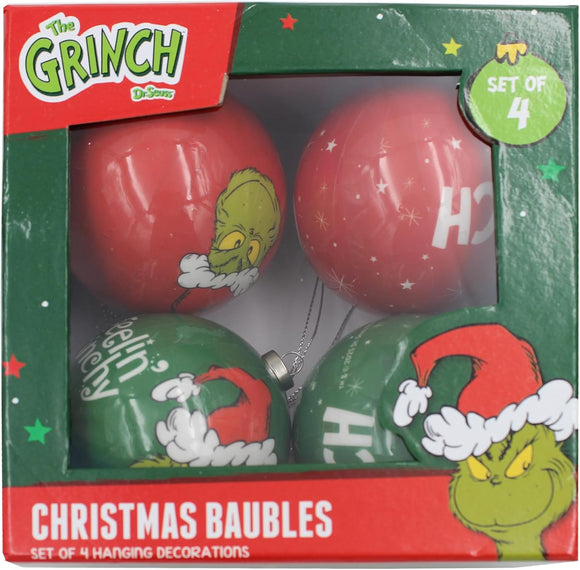 Grinch Christmas Bauble Tree Decoration 7.5cm Hanging Ornament - Set of Four