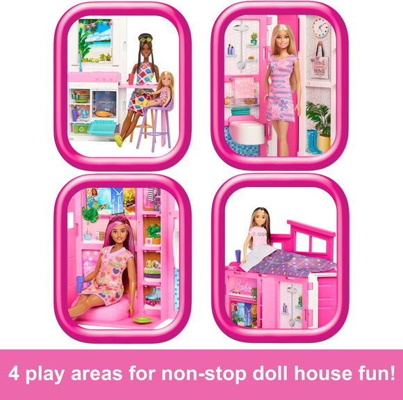 Barbie Dollhouse Getaway House Playset with Accessories | Kids Folding Doll House 4 Rooms Furniture Set