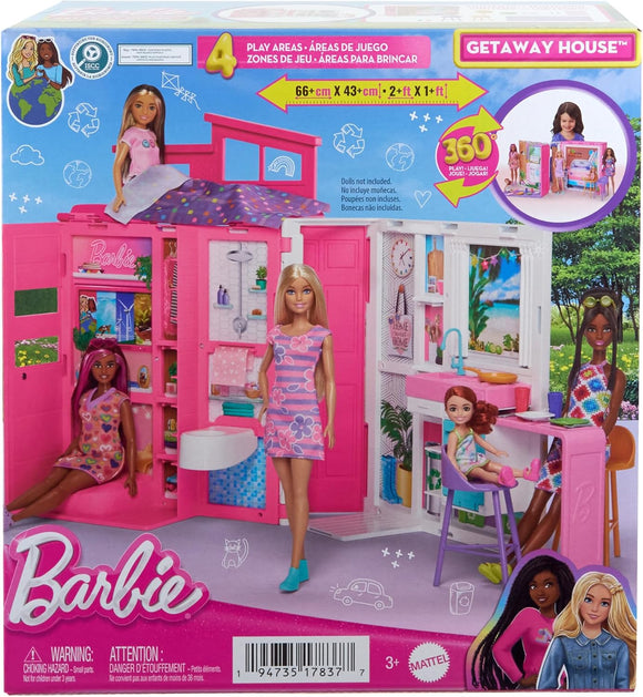 Barbie Dollhouse Getaway House Playset with Accessories | Kids Folding Doll House 4 Rooms Furniture Set