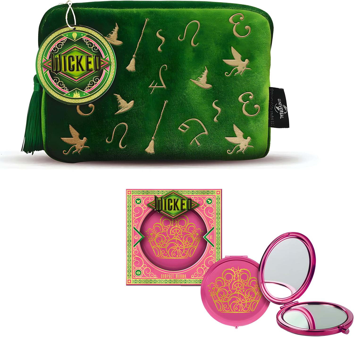 Official Wicked Gift Collection – Green Cosmetic Bag + Pink Compact Mirror