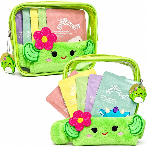 Squishmallows Face Mask Gift Set | 5 Sheet Masks, Headband, Cosmetic Bag & charm