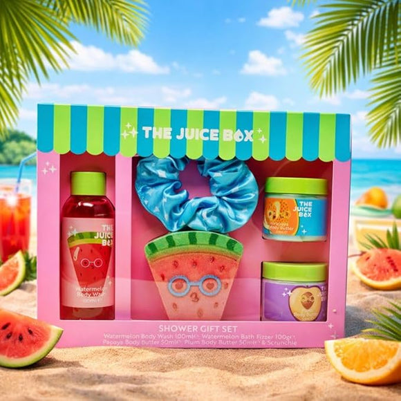 Valentines Juice Box Watermelon Bath Gift Set Body Wash Butters Fizzer Scrunchie