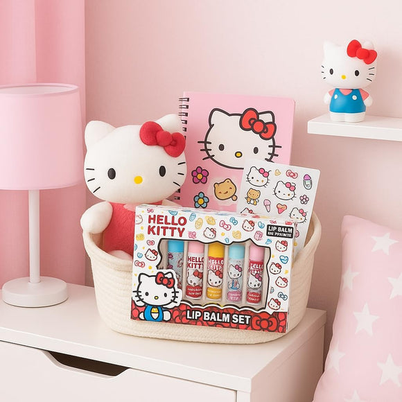Hello kitty 5 lip balm flavoured set cherry, bubble gum, vanilla, strawberry and sugar.
