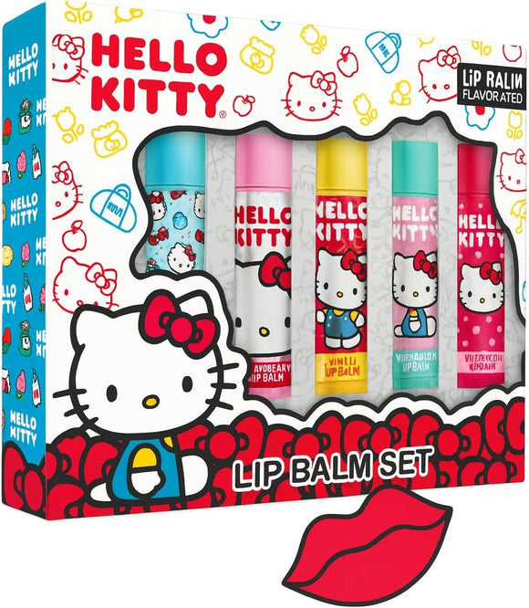 Hello kitty 5 lip balm flavoured set cherry, bubble gum, vanilla, strawberry and sugar.