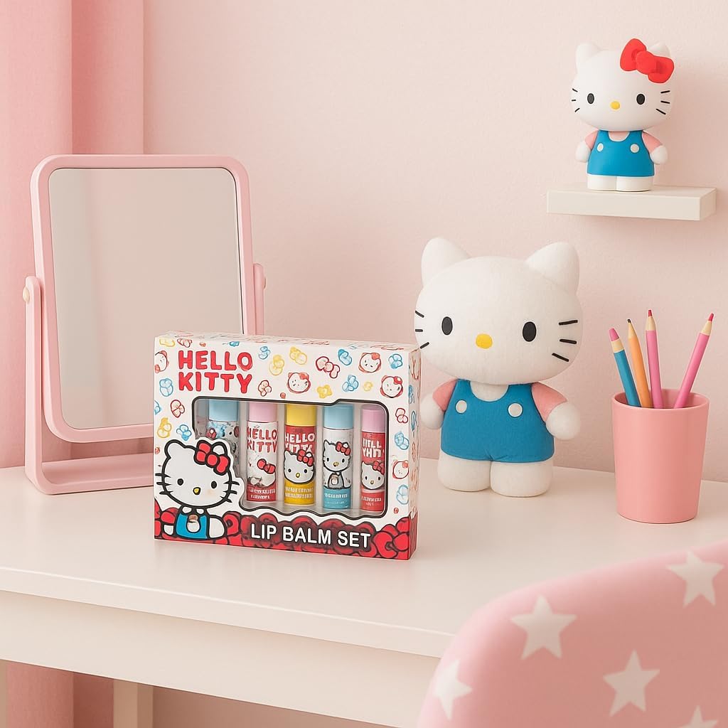 Hello kitty 5 lip balm flavoured set cherry, bubble gum, vanilla, strawberry and sugar.