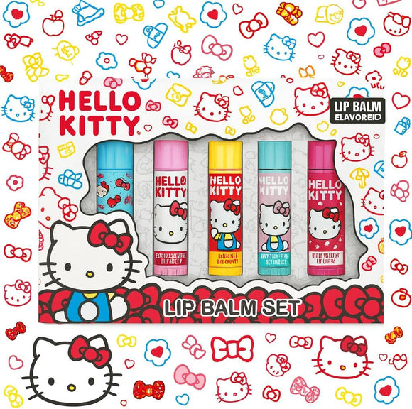Hello kitty 5 lip balm flavoured set cherry, bubble gum, vanilla, strawberry and sugar.