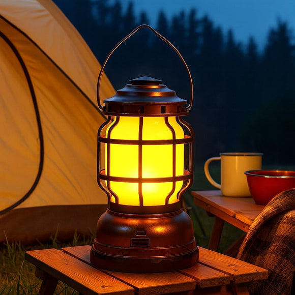LED Camping Lantern, 2 Modes (White Light & Flame Effect), Dimmable, USB