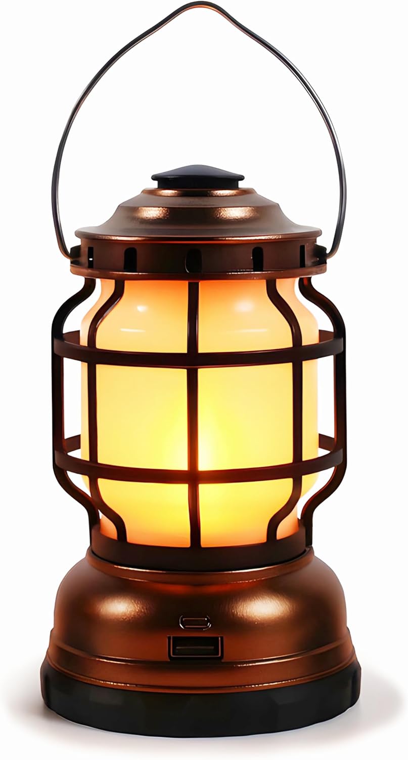 LED Camping Lantern, 2 Modes (White Light & Flame Effect), Dimmable, USB