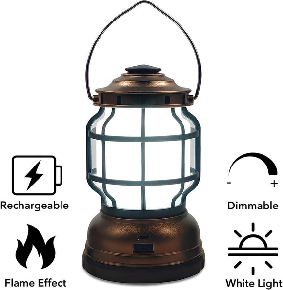 LED Camping Lantern, 2 Modes (White Light & Flame Effect), Dimmable, USB