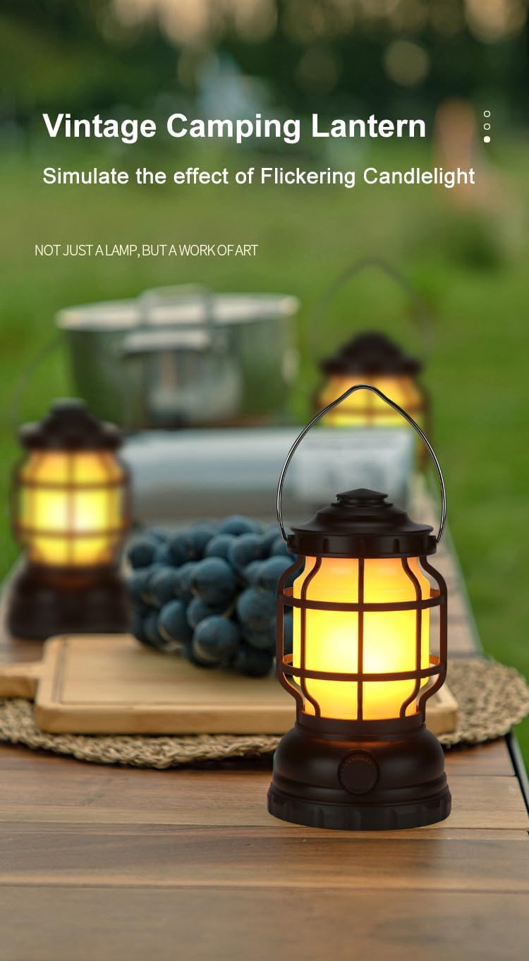 LED Camping Lantern, 2 Modes (White Light & Flame Effect), Dimmable, USB