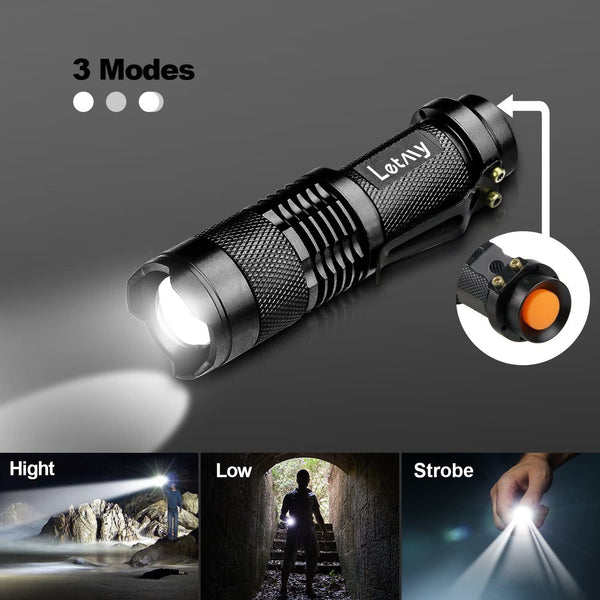 LETMY Small Flashlight, Super Bright LED Mini Flashlights with Belt Clip, Zoomable, 3 Modes, Waterproof - Best EDC Flashlight for Gift, Hiking, Camping, Hurricane & Power Outage (2 Pack)