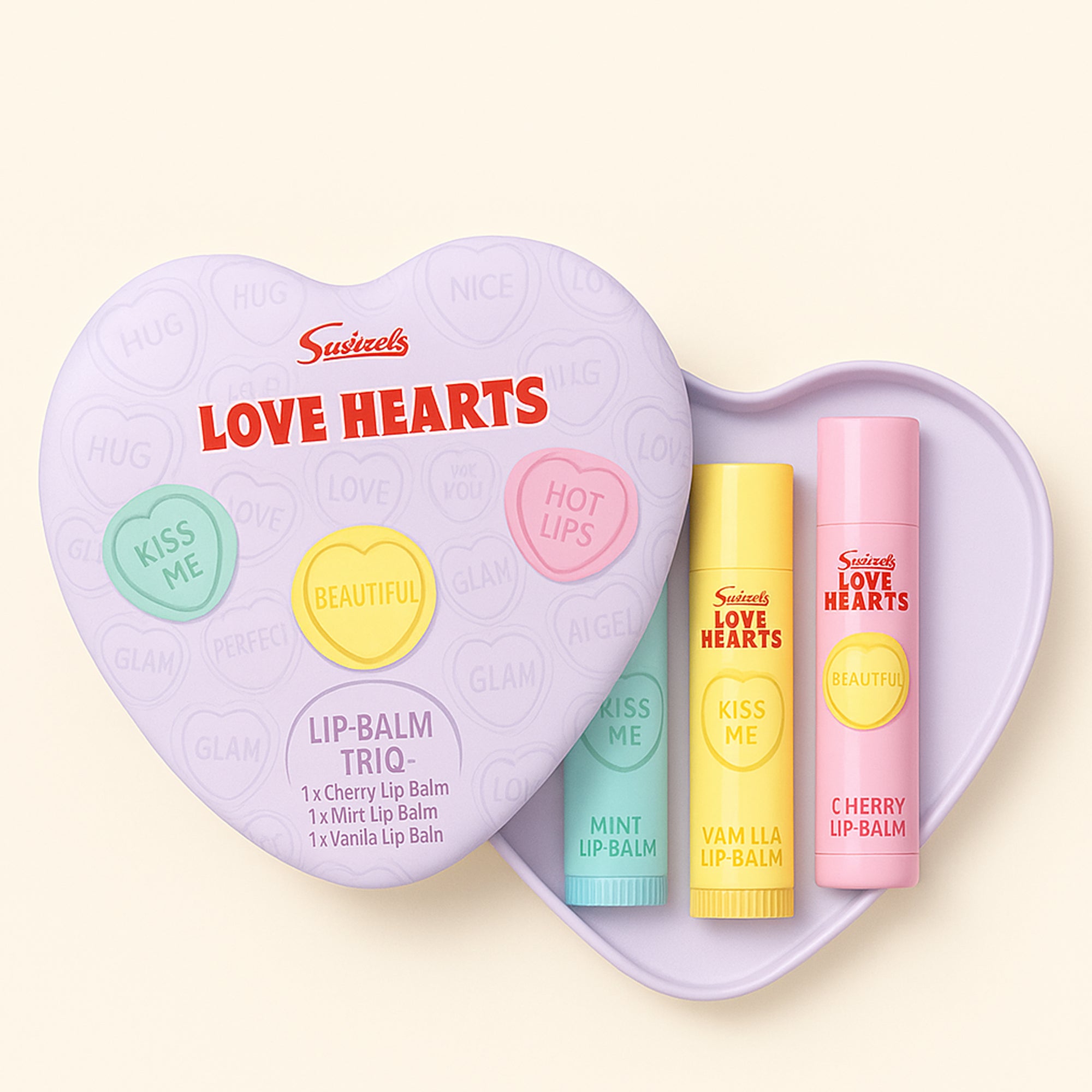 LOVE HEARTS 3 x LIP BALM TUBES - CHERRY, MINT & VANILLA