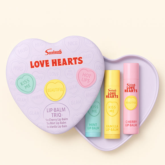 Swizzels Love Hearts Lip Balm Trio Perfect Gift Tin CHERRY, MINT & VANILLA