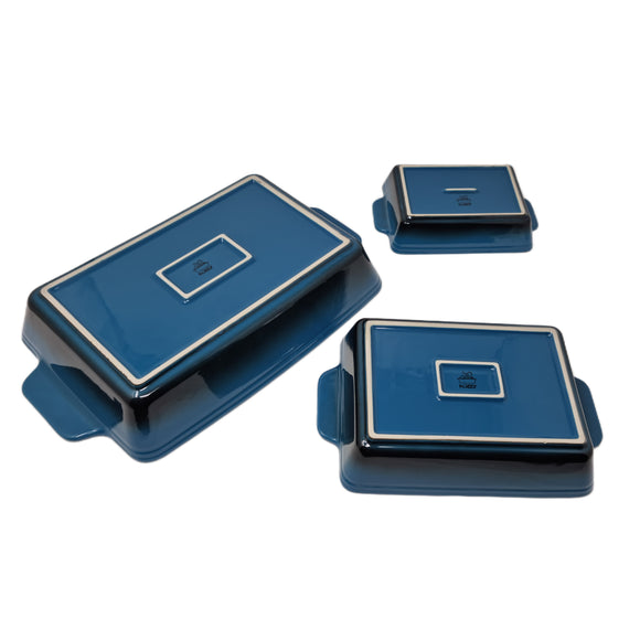 Ceramic Baking Dish Set, Blue and White, Rectangular, 3 Piece Nesting Set with Handles, 17cm to 31cm
