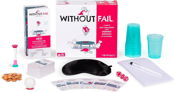 Without Fail challenge game with props dice cups blindfold and timer
