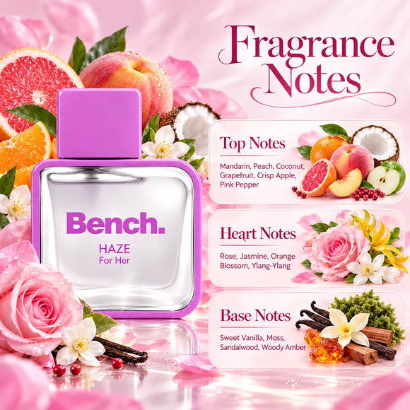 Bench Haze for Her women’s perfume with sandalwood moss and warm vanilla fragrance
