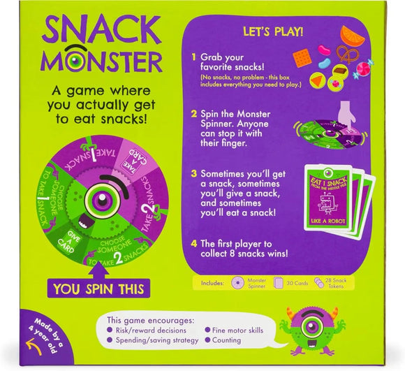  Snack Monster game with Monster Spinner colourful cards and snack tokens
