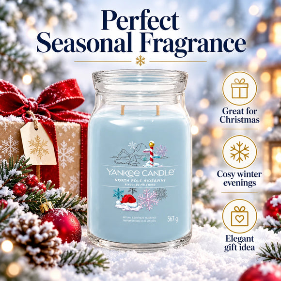 North Pole Hideaway Christmas candle by Yankee Candle in a white metal container
