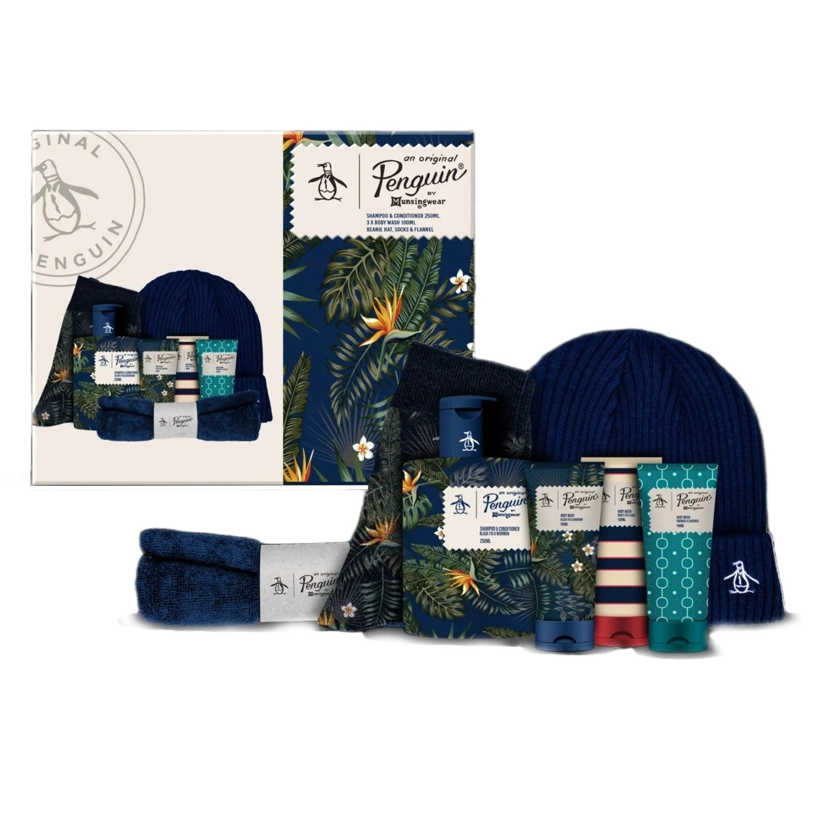 Original Penguin Men’s Grooming Gift Set – Shampoo, Conditioner, Body Wash, Socks & Beanie