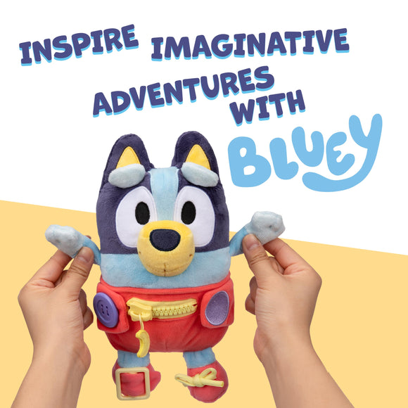 Dress & Play Baby Bluey Plush, Button, Zip, Buckle and Tie, Learn to Dress Dolls for Toddlers Ages 3+, Fine Motor Skills Buckle Toys